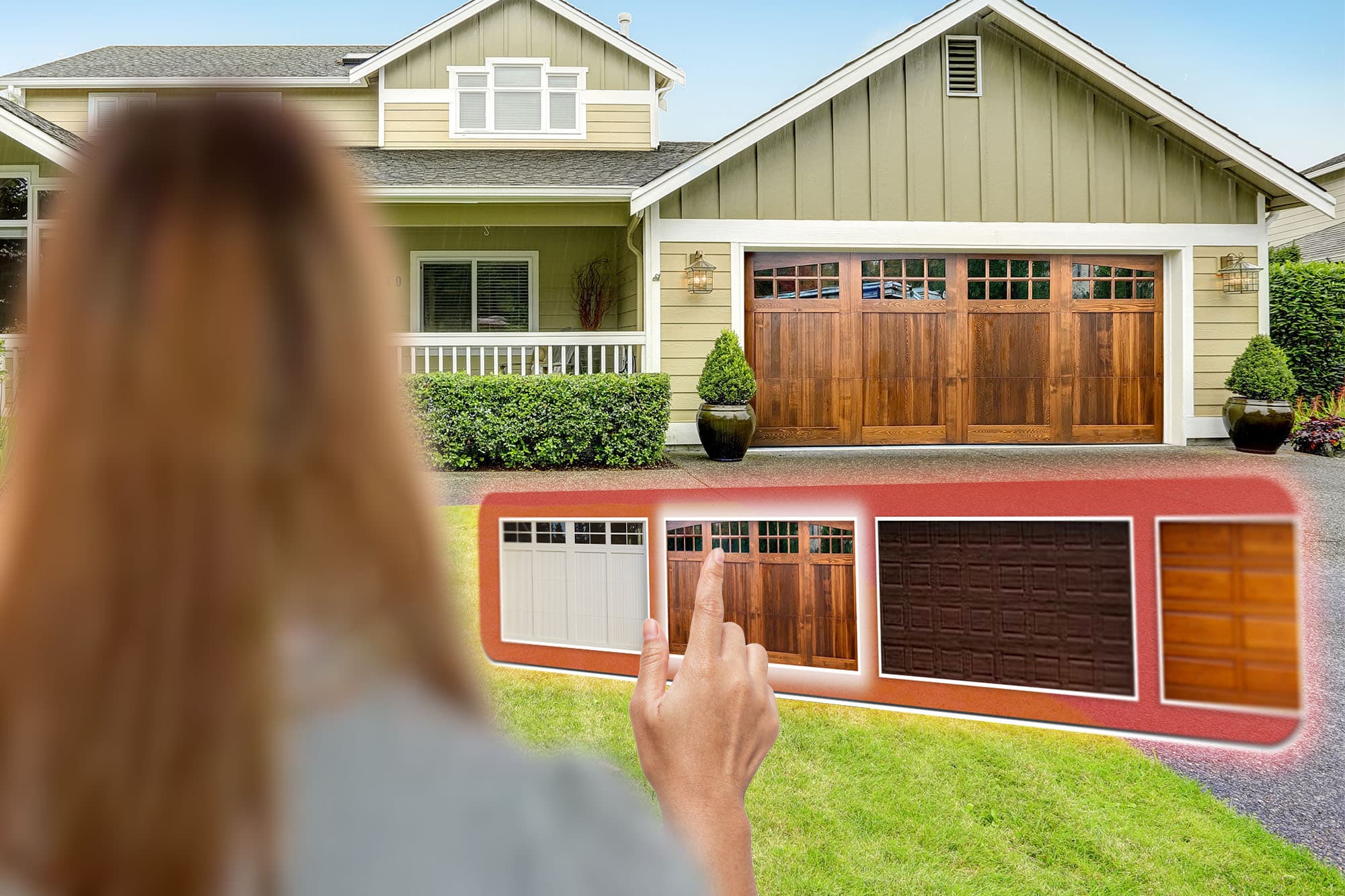 Person with long brown hair selecting a garage door with a custom configuration from PDQ Doors in front of a house on a sunny day