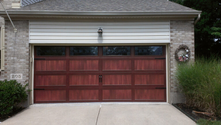 16' x 7' Stamped Steel Carriage House Door 5916 Mahogany w/ Newport Windows