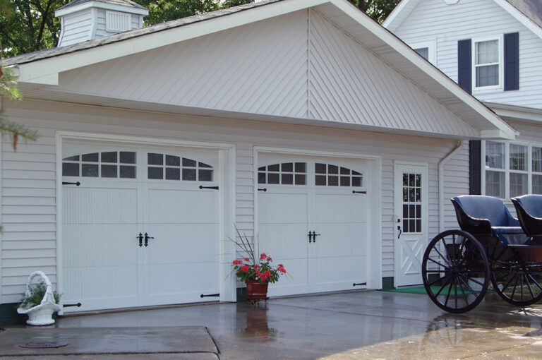 8' x 7' Fiberglass Overlay Carriage House Doors 5531A White w/ Stockton Glass