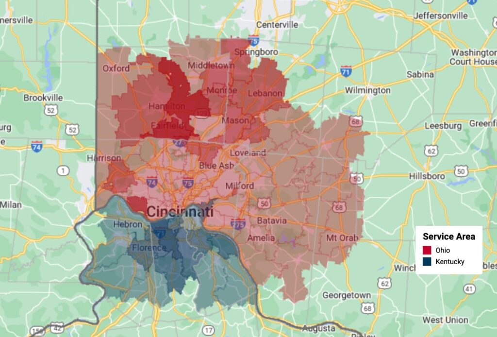 A map of Ohio and Kentucky with highlighted counties PDQ services